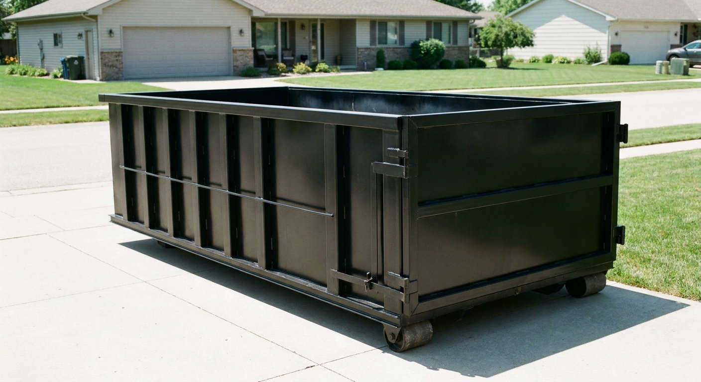 Matte-black 10-yard roll-off dumpster on a residential concrete driveway in Buckley, uniformly painted matte black across every panel and rail, ribbed steel sidewalls and rear swing door visible, mid-day daylight.