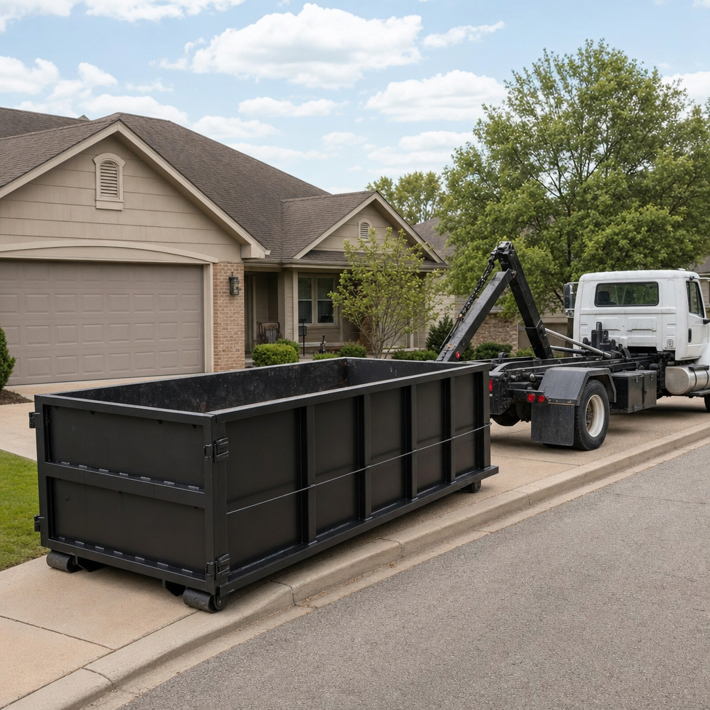 Wide documentary shot of a matte-black roll-off dumpster on a Buckley residential driveway in the foreground and a contractor jobsite container in the soft-focus background, bright daylight, calm and orderly composition.